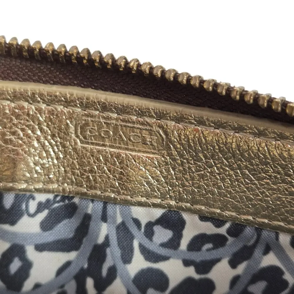 Coach Poppy Wallet Wristlet Gold Champagne Crinkle Leather Metallic Branded Zip